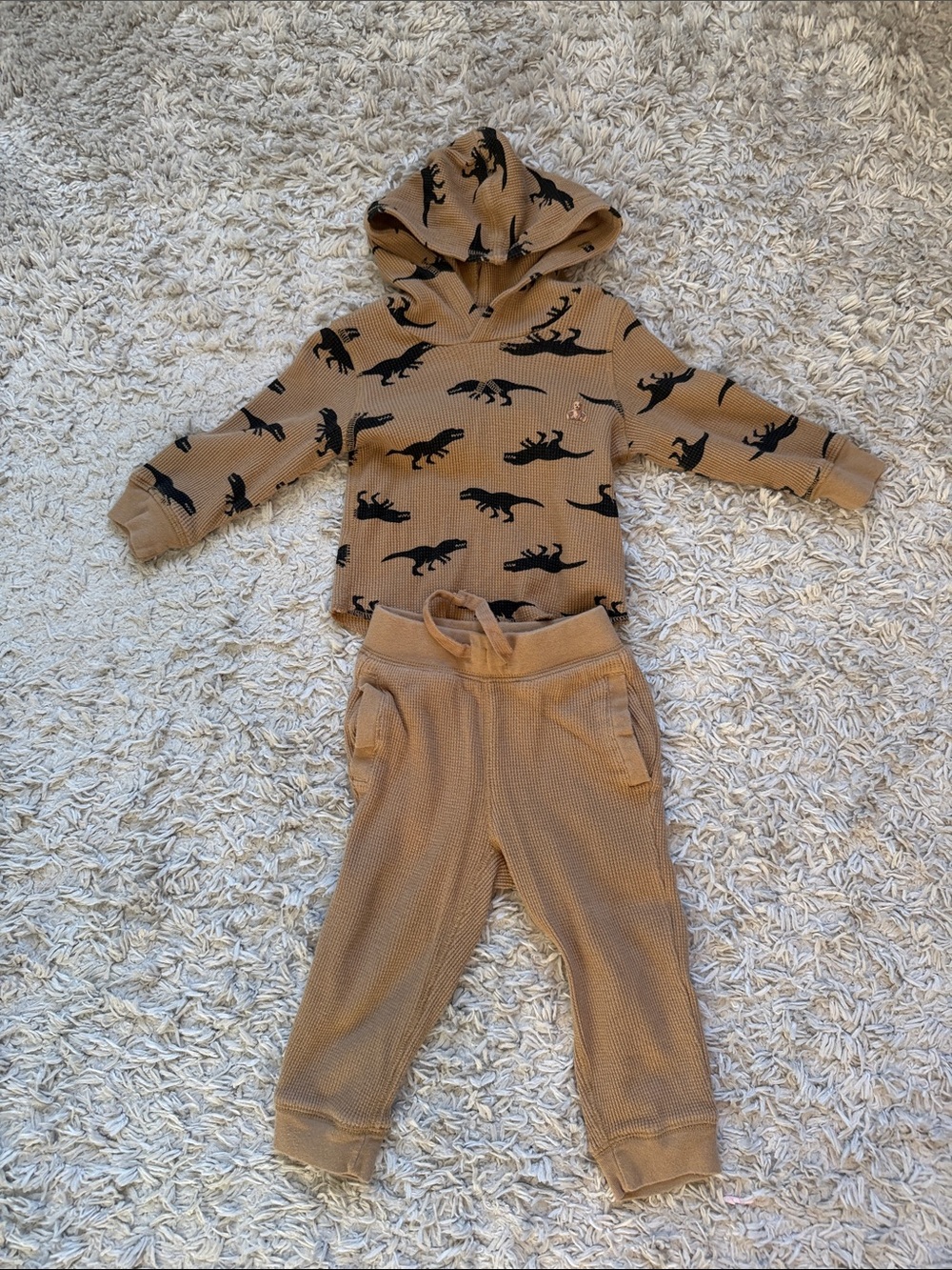 GAP Tan Waffle Hoodie & Joggers with Black Dino Print
